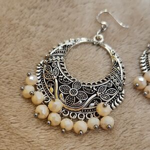 Ornate Silver and Cream Dangle Earrings
